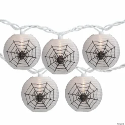 10-Count Black Spider in Web Paper Lantern Halloween Lights 8.5ft White Wire