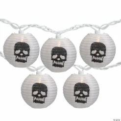 10-Count White and Black Skull Paper Lantern Halloween Lights 8.5ft White Wire