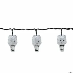 10 White Skull LED Halloween Lights - 5.75 ft Black Wire