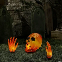 8.5" Lighted Orange Skull and Hands Outdoor Halloween Decoration - 4ft Black Wire