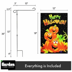 G128 - Combo Pack: Garden Flag Stand Black 36x16IN and Garden Flag Happy Halloween Three Pumpkins 12x18IN -Halloween Decorations Shop g128 combo pack garden flag stand black 36x16in and garden flag happy halloween three pumpkins 12x18in14213689 a01NOWA