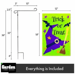 G128 - Combo Pack: Garden Flag Stand Black 36x16IN and Garden Flag Trick or Treat Purple Witch Hat Green 12x18IN -Halloween Decorations Shop g128 combo pack garden flag stand black 36x16in and garden flag trick or treat purple witch hat green 12x18in14213650 a01NOWA