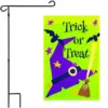 G128 - Combo Pack: Garden Flag Stand Black 36x16IN and Garden Flag Trick or Treat Purple Witch Hat Green 12x18IN