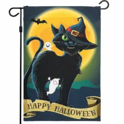 G128 Halloween Garden Flag, Happy Halloween Quote with Black Cat Garden Yard Decorations, Rustic Holiday Seasonal Outdoor Flag 12 x 18 Inch