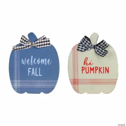 Set of 2 Blue and Beige Fall Harvest Wooden Pumpkin Welcome Plaques 8"